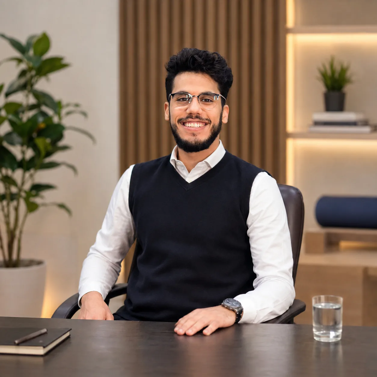 د. مهاب المؤذن جالساً إلى مكتبه في عيادة FizioPlus